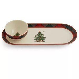 Spode Christmas Tree Tartan 2pc Chip & Dip Set NIB Porcelain